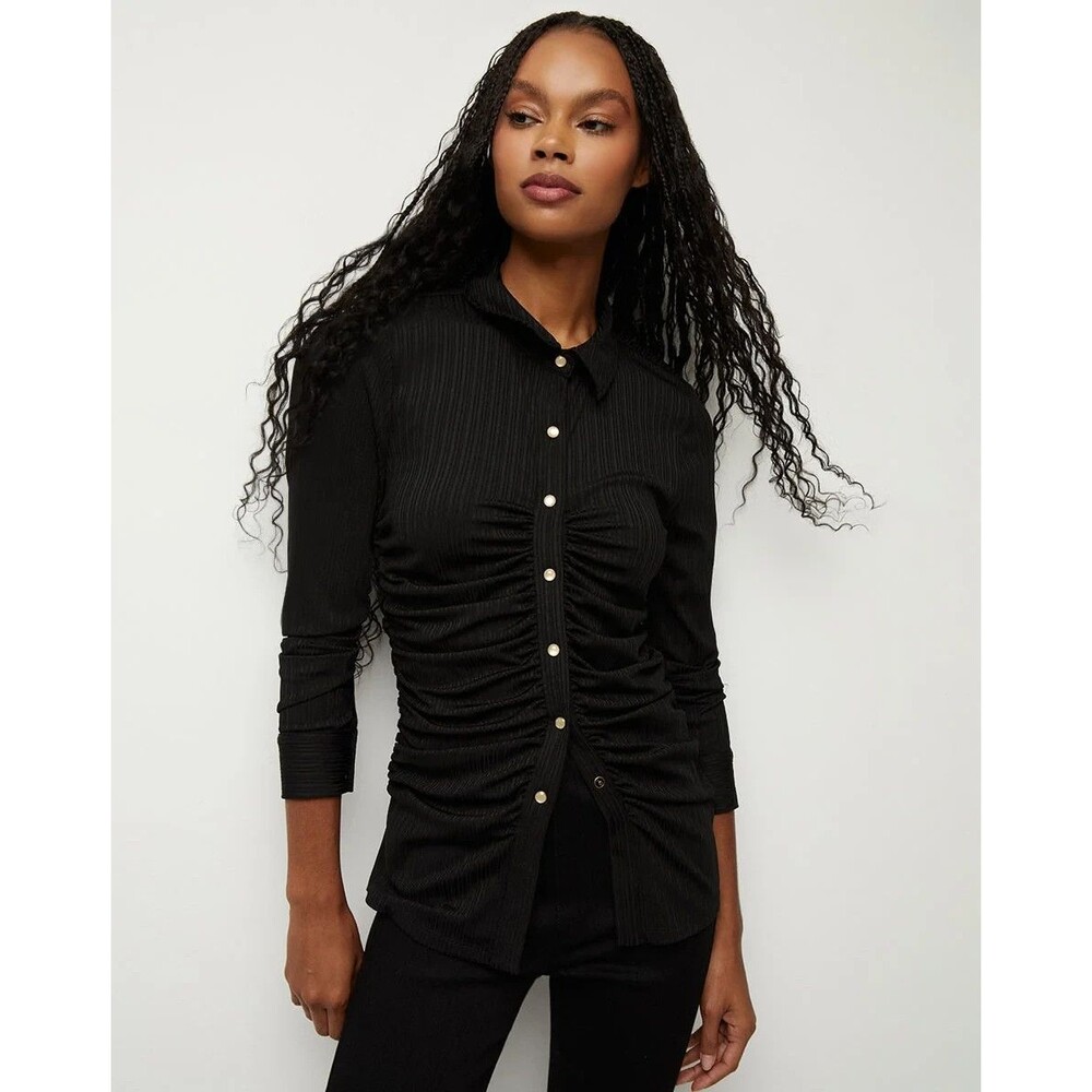 VERONICA BEARD Black Koka Top Small Ribbed Ruching Snap LS Collar Blouse Luxury